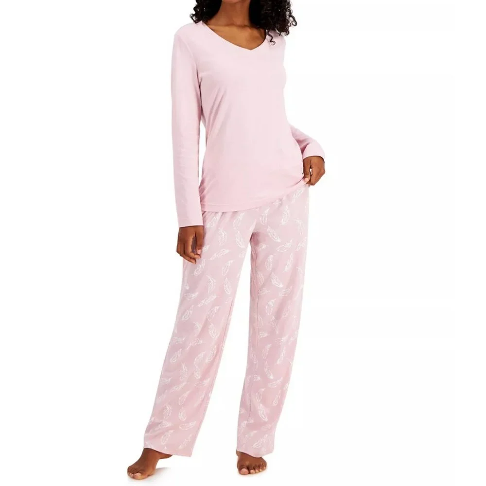 Nwt 2PC Long Sleeve Cotton Pajama Set Charter Club pink feathers pick Size